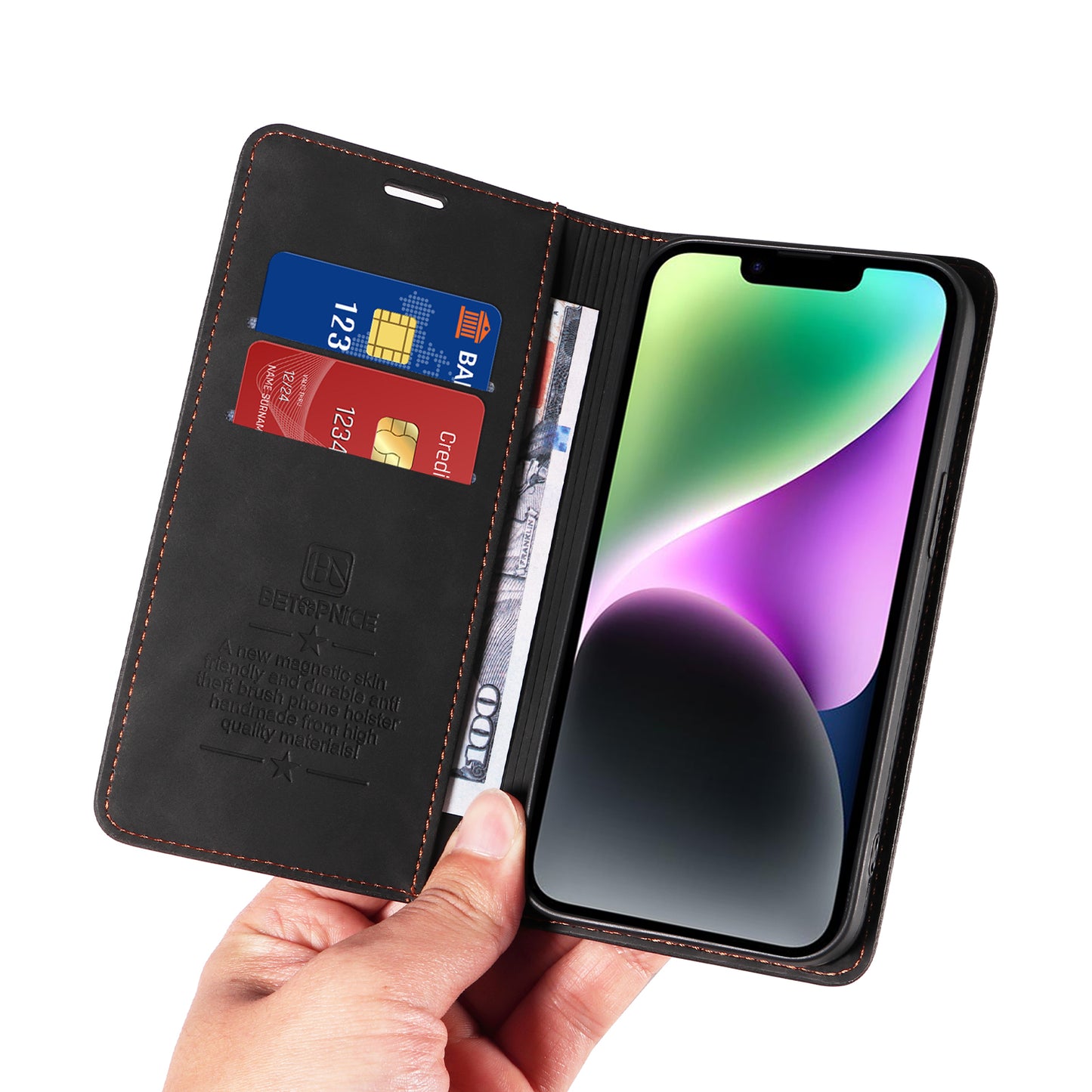 For iPhone 17 Case BETOPNICE Magnetic Closure RFID Blocking Wallet Stand Leather Phone Cover - Black
