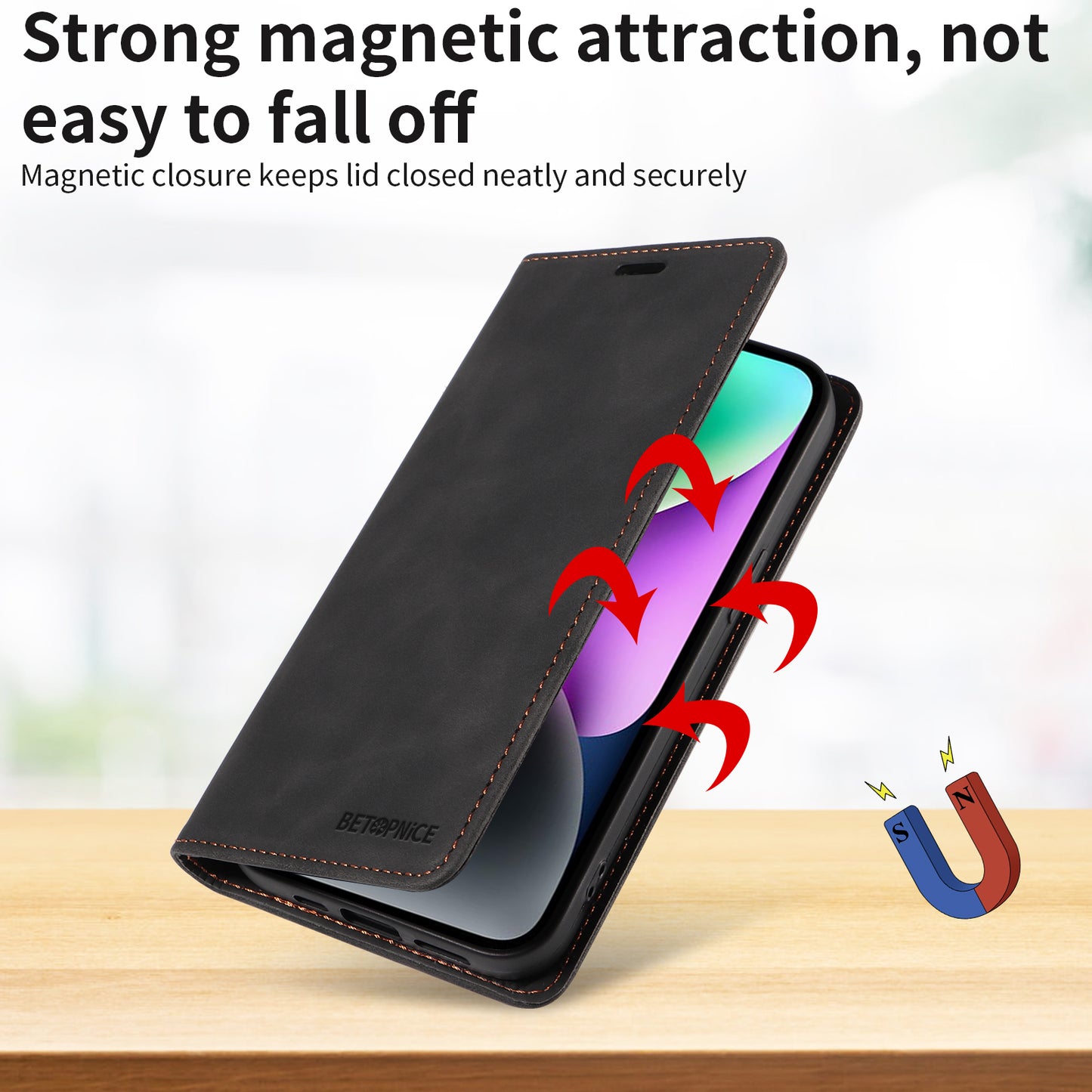 For iPhone 17 Case BETOPNICE Magnetic Closure RFID Blocking Wallet Stand Leather Phone Cover - Black