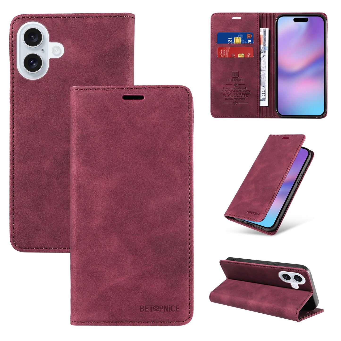 For iPhone 17 Case BETOPNICE Magnetic Closure RFID Blocking Wallet Stand Leather Phone Cover - Red