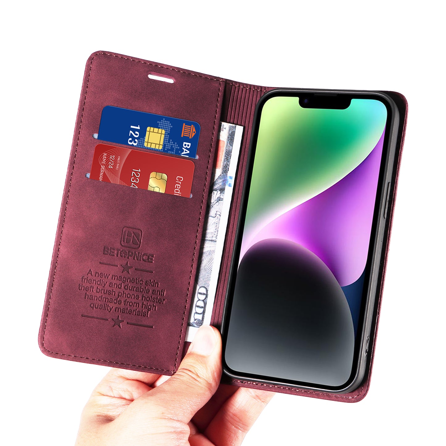 For iPhone 17 Case BETOPNICE Magnetic Closure RFID Blocking Wallet Stand Leather Phone Cover - Red