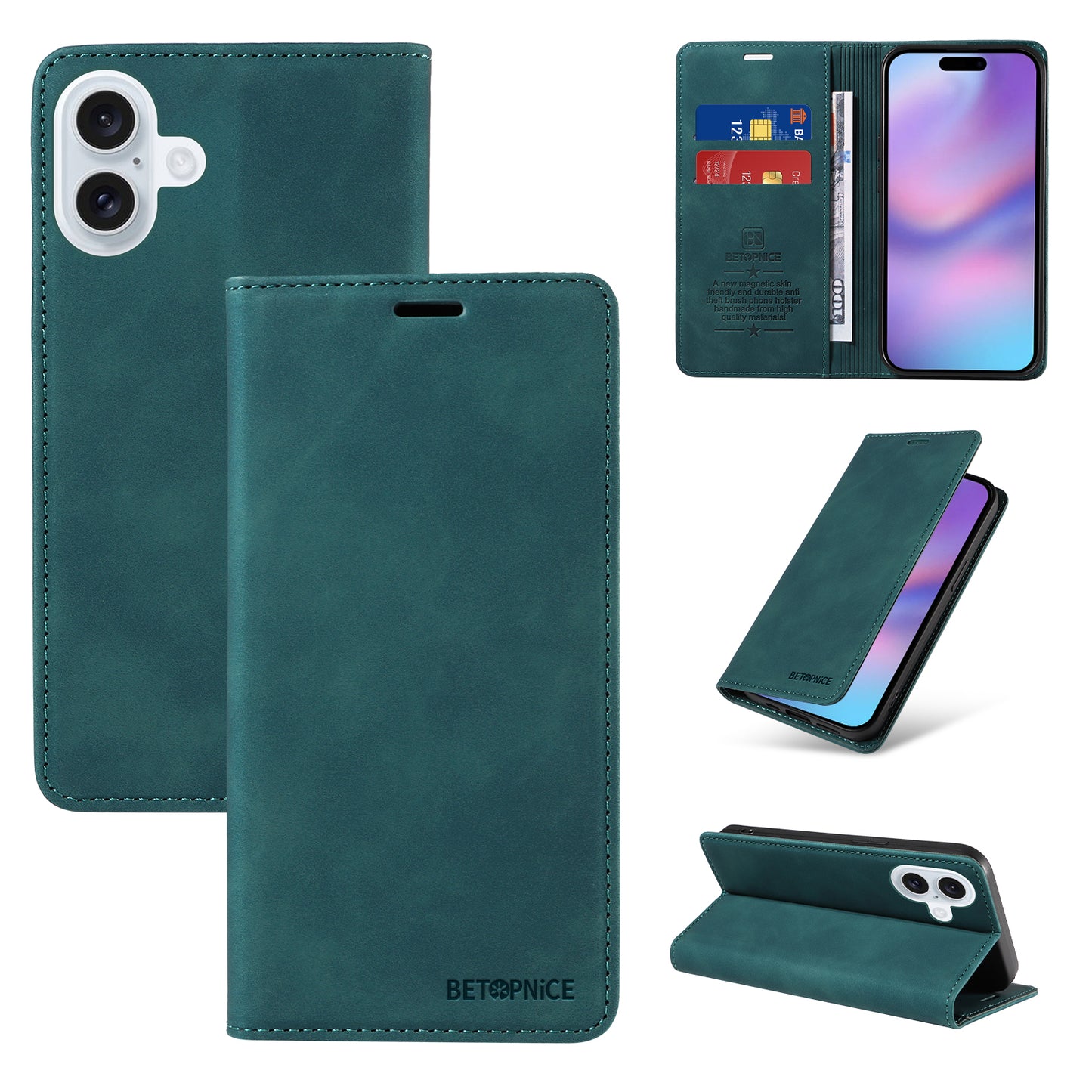 For iPhone 17 Case BETOPNICE Magnetic Closure RFID Blocking Wallet Stand Leather Phone Cover - Green