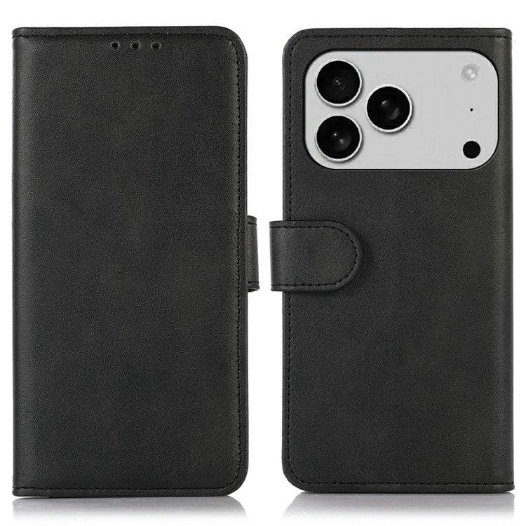 For iPhone 17 Pro Case Cowhide Texture Leather Wallet Phone Cover with Stand - Black