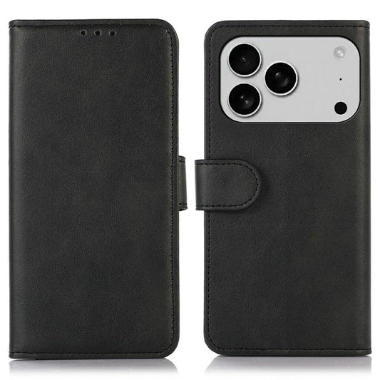 For iPhone 17 Pro Case Cowhide Texture Leather Wallet Phone Cover with Stand - Black