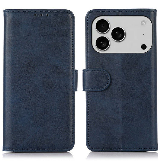 For iPhone 17 Pro Case Cowhide Texture Leather Wallet Phone Cover with Stand - Blue
