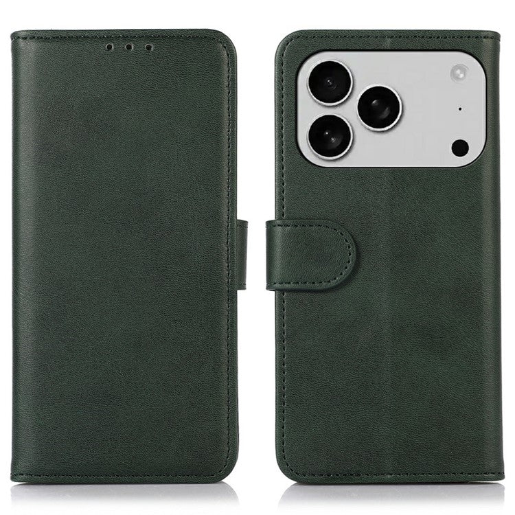 For iPhone 17 Pro Case Cowhide Texture Leather Wallet Phone Cover with Stand - Green