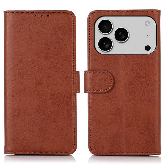 For iPhone 17 Pro Case Cowhide Texture Leather Wallet Phone Cover with Stand - Brown