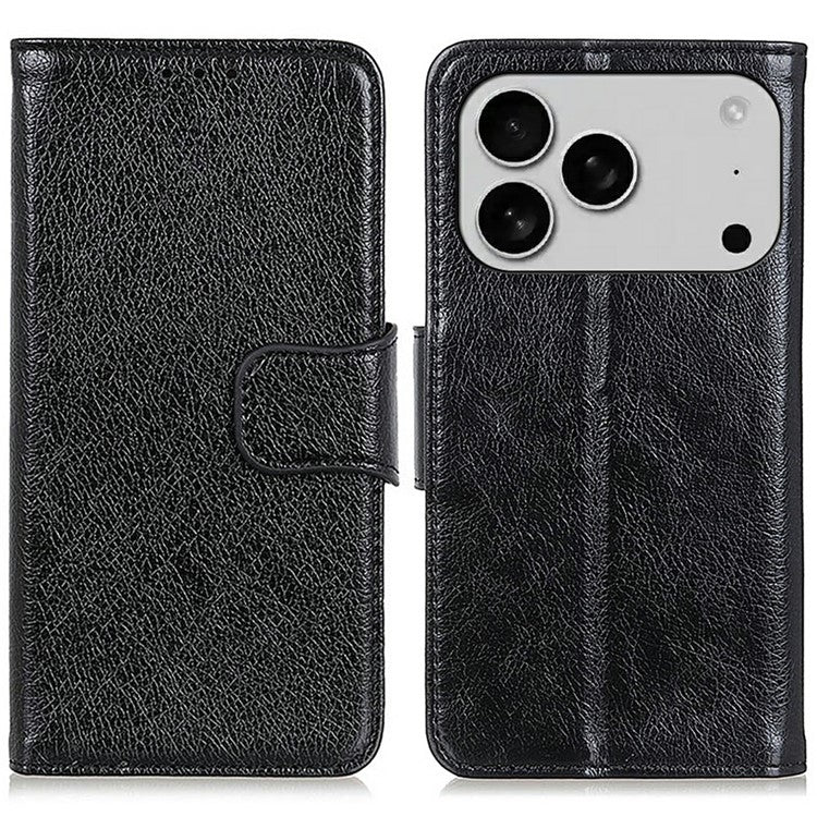 For iPhone 17 Pro Case Nappa Texture Split Leather Wallet Phone Cover - Black