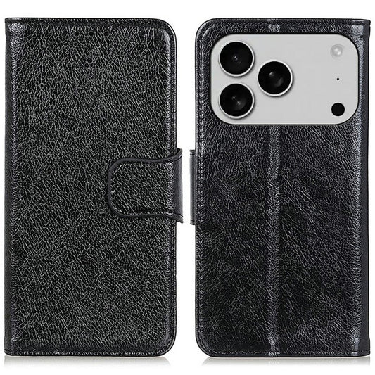 For iPhone 17 Pro Case Nappa Texture Split Leather Wallet Phone Cover - Black
