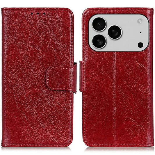 For iPhone 17 Pro Case Nappa Texture Split Leather Wallet Phone Cover - Red