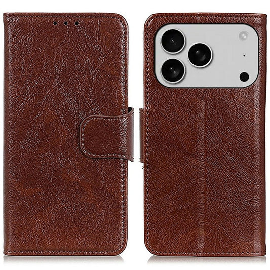 For iPhone 17 Pro Case Nappa Texture Split Leather Wallet Phone Cover - Brown
