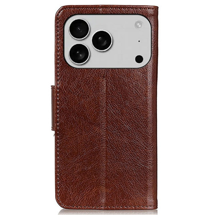 For iPhone 17 Pro Case Nappa Texture Split Leather Wallet Phone Cover - Brown