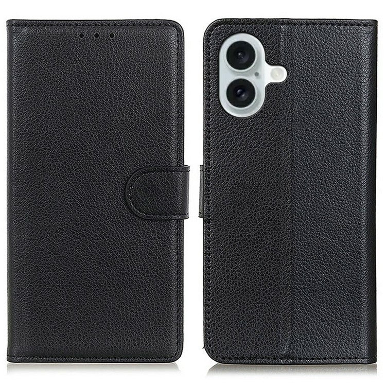 For iPhone 17 Wallet Case PU Leather Phone Cover Litchi Texture - Black