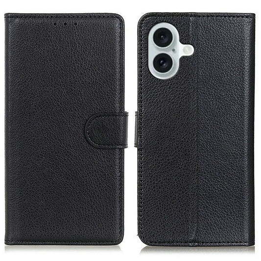 For iPhone 17 Wallet Case PU Leather Phone Cover Litchi Texture - Black