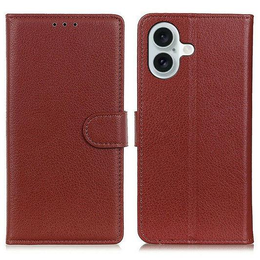 For iPhone 17 Wallet Case PU Leather Phone Cover Litchi Texture - Brown