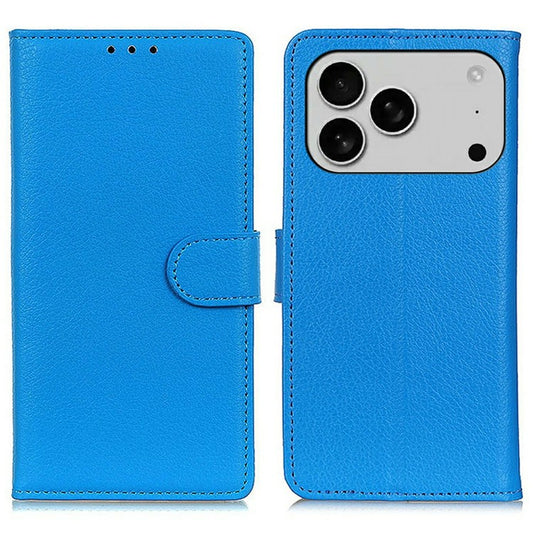 For iPhone 17 Pro Wallet Case PU Leather Phone Cover Litchi Texture - Blue