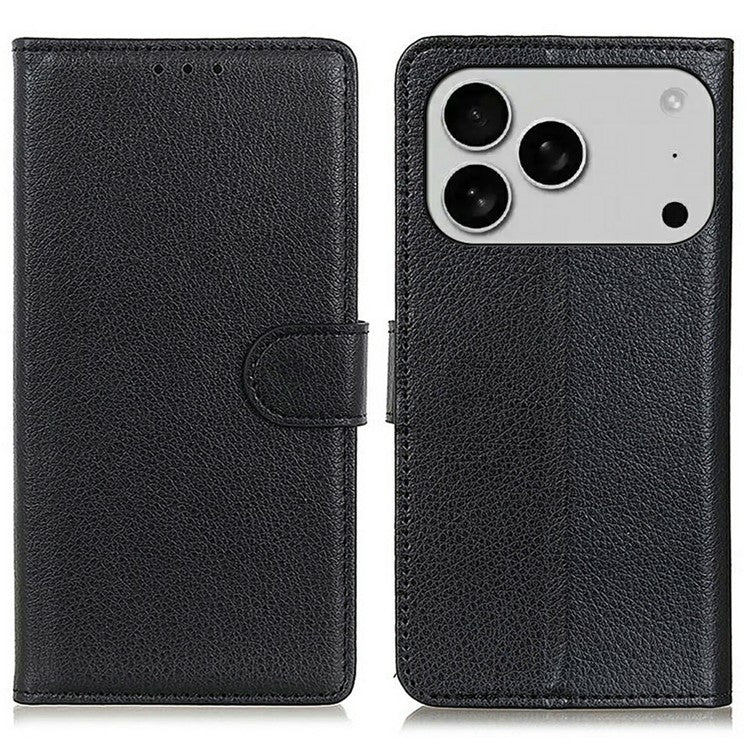 For iPhone 17 Pro Wallet Case PU Leather Phone Cover Litchi Texture - Black