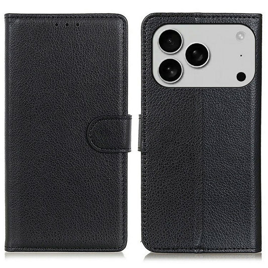 For iPhone 17 Pro Wallet Case PU Leather Phone Cover Litchi Texture - Black