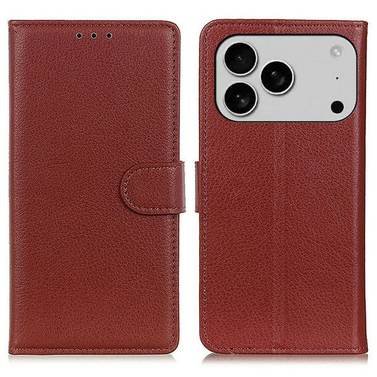 For iPhone 17 Pro Wallet Case PU Leather Phone Cover Litchi Texture - Brown
