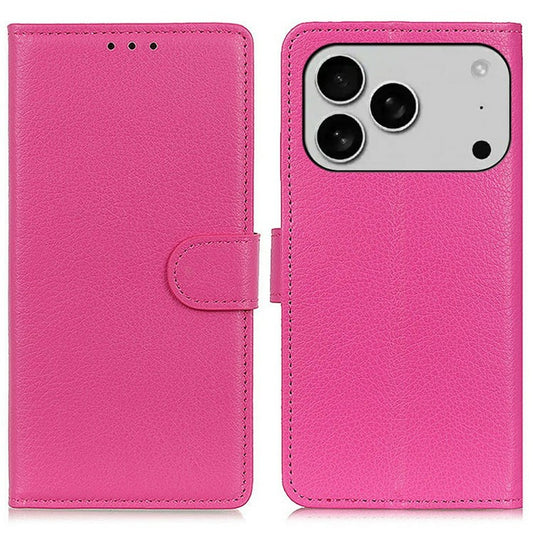 For iPhone 17 Pro Wallet Case PU Leather Phone Cover Litchi Texture - Rose