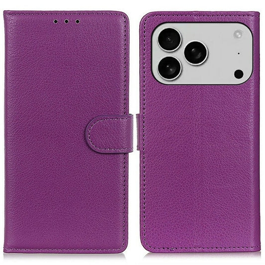 For iPhone 17 Pro Wallet Case PU Leather Phone Cover Litchi Texture - Purple