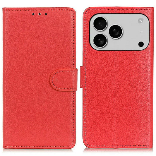 For iPhone 17 Pro Wallet Case PU Leather Phone Cover Litchi Texture - Red