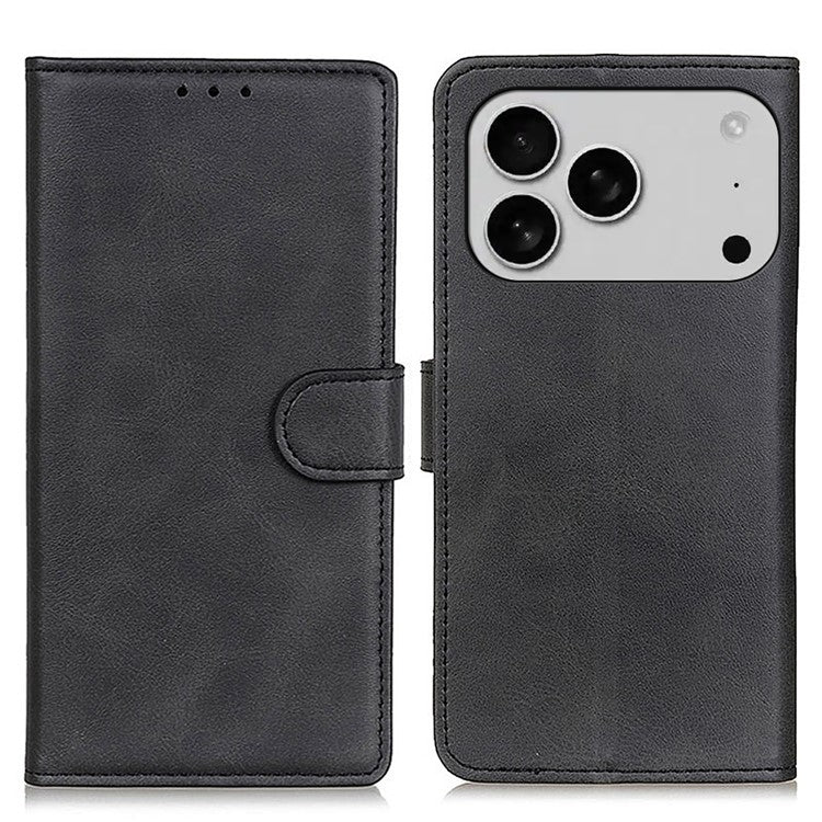 For iPhone 17 Pro Case Cowhide Texture Leather Wallet Stand Phone Cover - Black