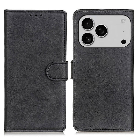 For iPhone 17 Pro Case Cowhide Texture Leather Wallet Stand Phone Cover - Black