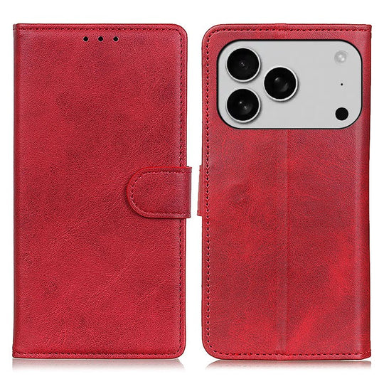 For iPhone 17 Pro Case Cowhide Texture Leather Wallet Stand Phone Cover - Red