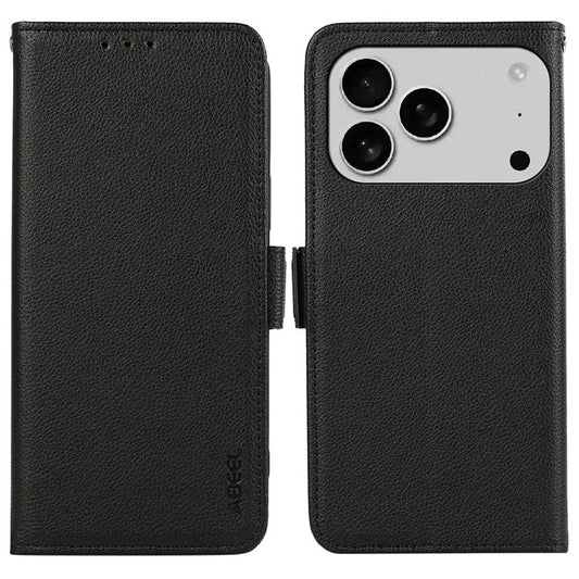 ABEEL For iPhone 17 Pro Case Litchi Texture Leather RFID Blocking Phone Cover - Black