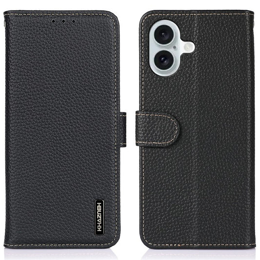 KHAZNEH For iPhone 17 Case Litchi Texture Genuine Cow Leather Flip Phone Cover - Black
