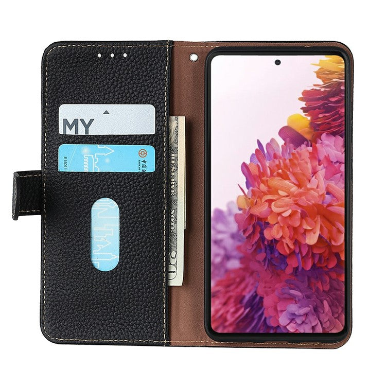 KHAZNEH For iPhone 17 Case Litchi Texture Genuine Cow Leather Flip Phone Cover - Black