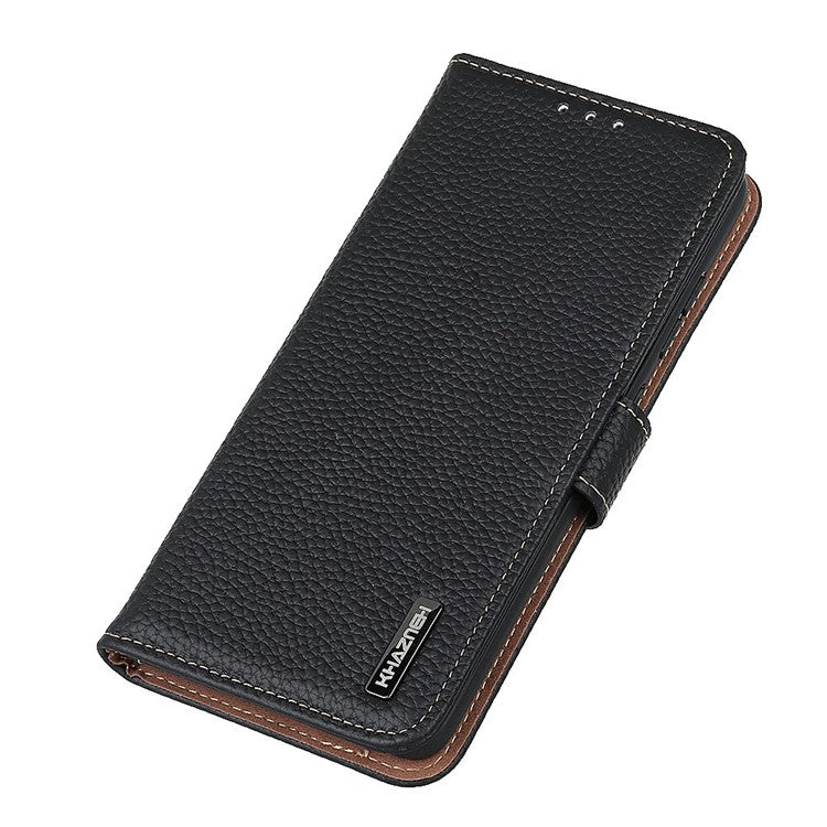 KHAZNEH For iPhone 17 Case Litchi Texture Genuine Cow Leather Flip Phone Cover - Black