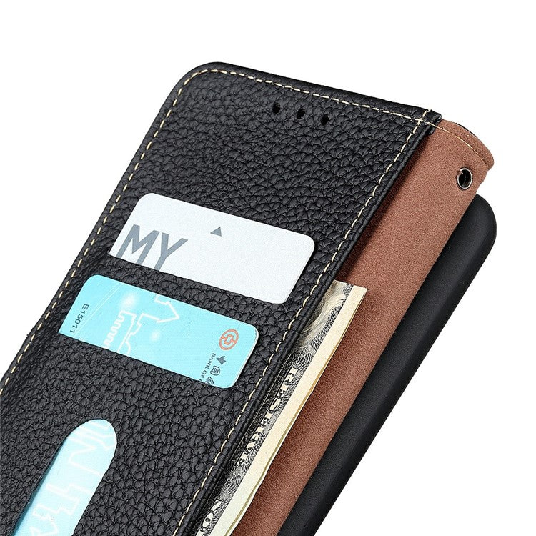 KHAZNEH For iPhone 17 Case Litchi Texture Genuine Cow Leather Flip Phone Cover - Black