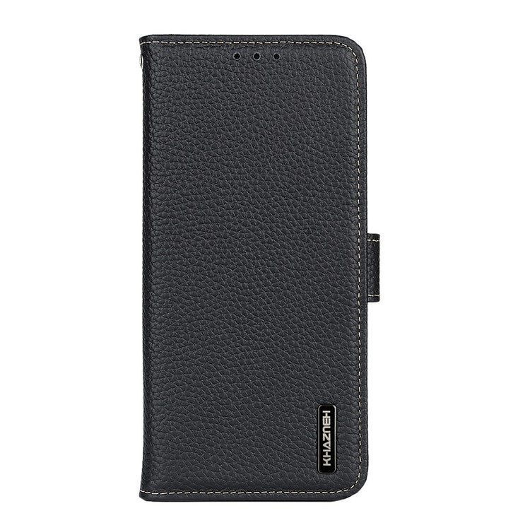 KHAZNEH For iPhone 17 Case Litchi Texture Genuine Cow Leather Flip Phone Cover - Black