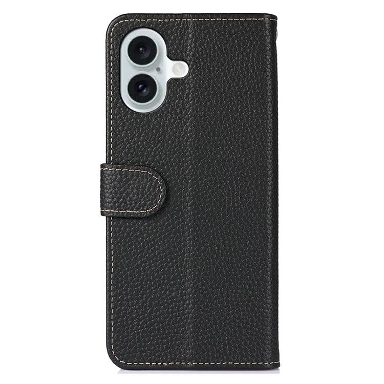 KHAZNEH For iPhone 17 Case Litchi Texture Genuine Cow Leather Flip Phone Cover - Black