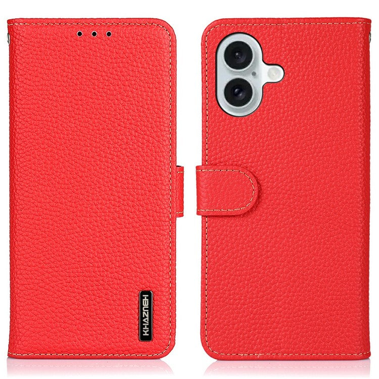 KHAZNEH For iPhone 17 Case Litchi Texture Genuine Cow Leather Flip Phone Cover - Red