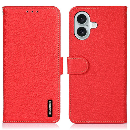 KHAZNEH For iPhone 17 Case Litchi Texture Genuine Cow Leather Flip Phone Cover - Red