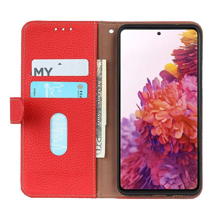 KHAZNEH For iPhone 17 Case Litchi Texture Genuine Cow Leather Flip Phone Cover - Red