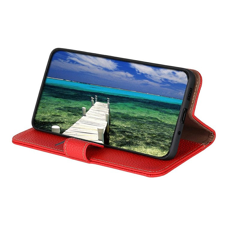 KHAZNEH For iPhone 17 Case Litchi Texture Genuine Cow Leather Flip Phone Cover - Red