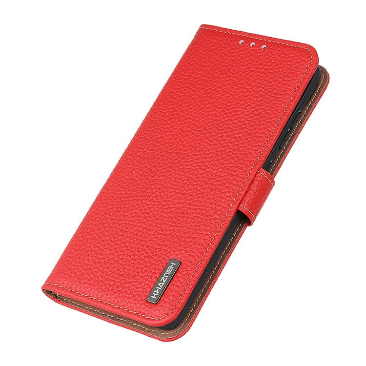KHAZNEH For iPhone 17 Case Litchi Texture Genuine Cow Leather Flip Phone Cover - Red