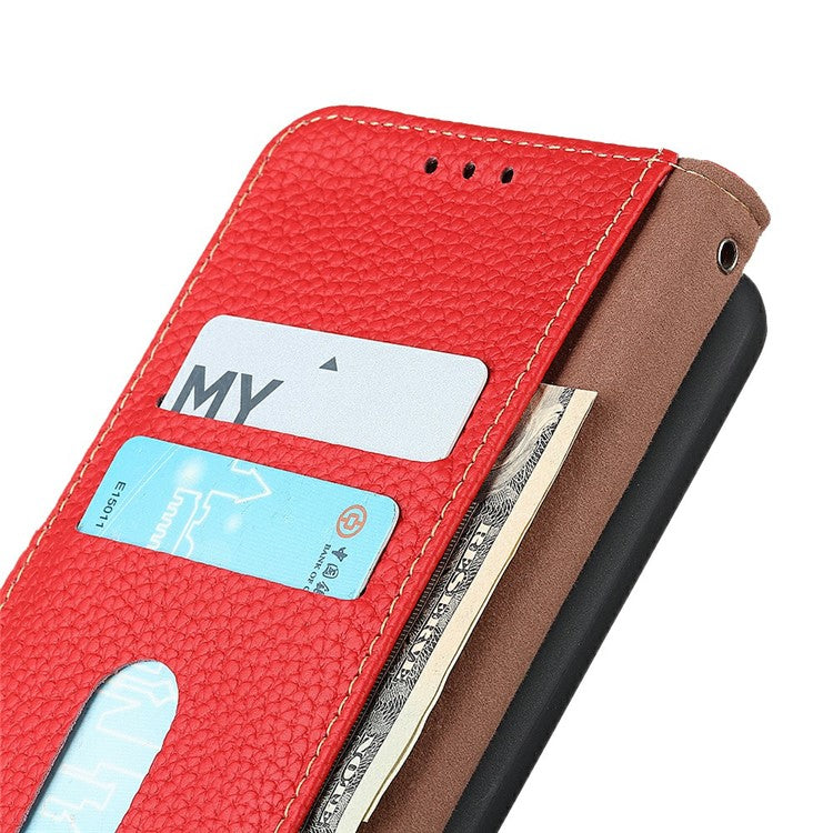 KHAZNEH For iPhone 17 Case Litchi Texture Genuine Cow Leather Flip Phone Cover - Red