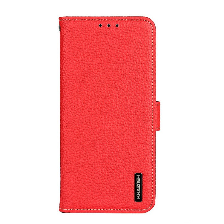 KHAZNEH For iPhone 17 Case Litchi Texture Genuine Cow Leather Flip Phone Cover - Red