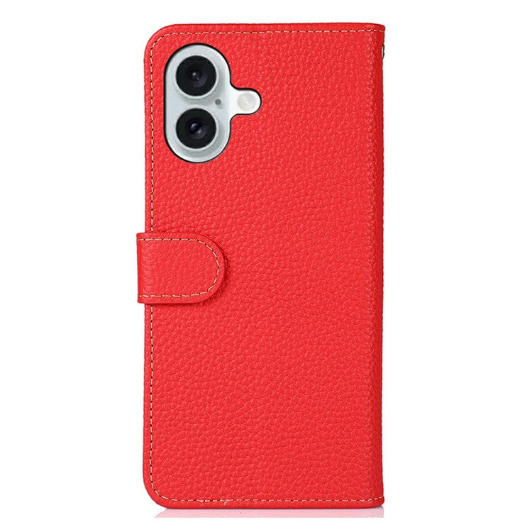 KHAZNEH For iPhone 17 Case Litchi Texture Genuine Cow Leather Flip Phone Cover - Red