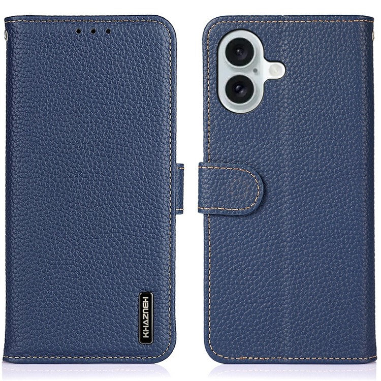 KHAZNEH For iPhone 17 Case Litchi Texture Genuine Cow Leather Flip Phone Cover - Blue