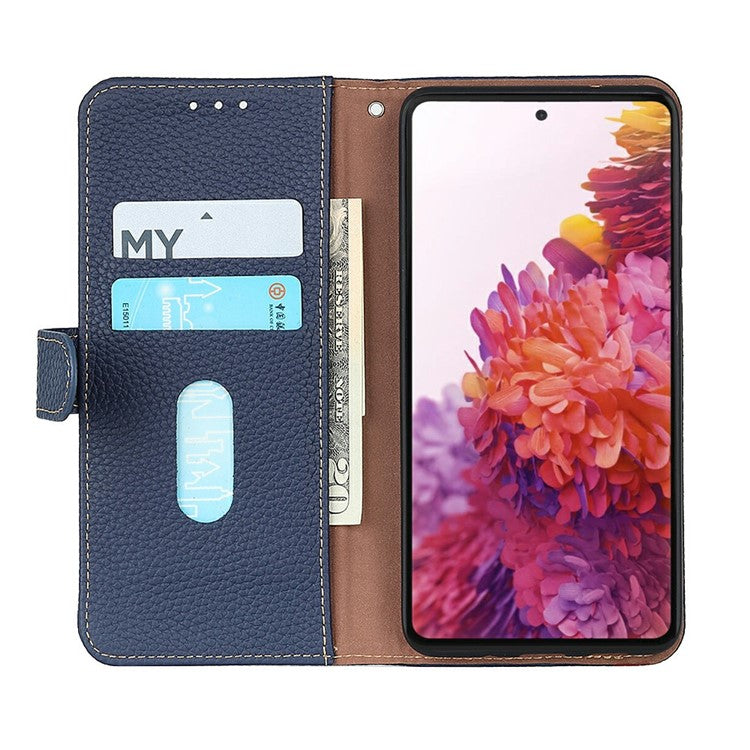 KHAZNEH For iPhone 17 Case Litchi Texture Genuine Cow Leather Flip Phone Cover - Blue