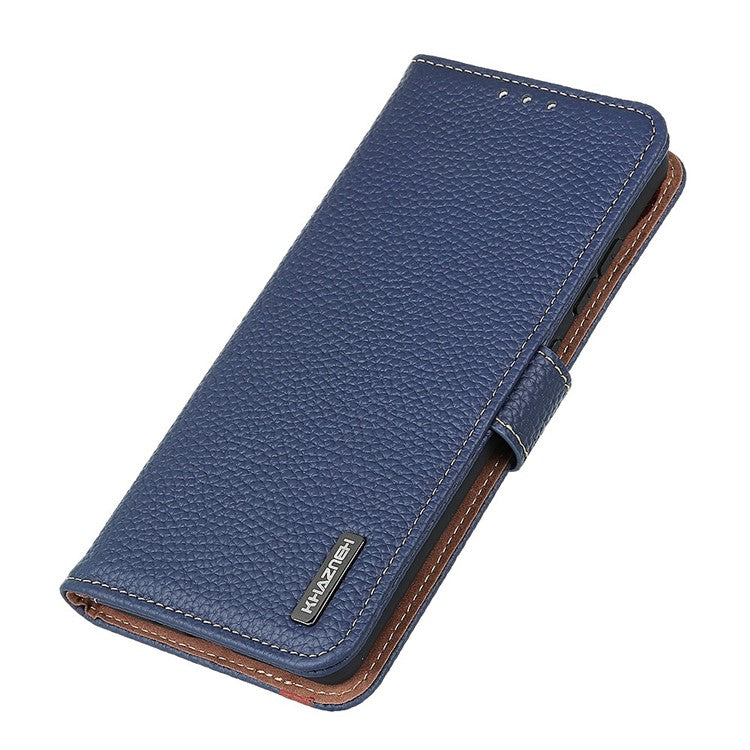 KHAZNEH For iPhone 17 Case Litchi Texture Genuine Cow Leather Flip Phone Cover - Blue