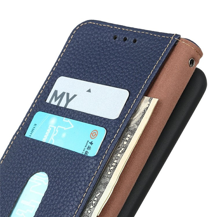 KHAZNEH For iPhone 17 Case Litchi Texture Genuine Cow Leather Flip Phone Cover - Blue