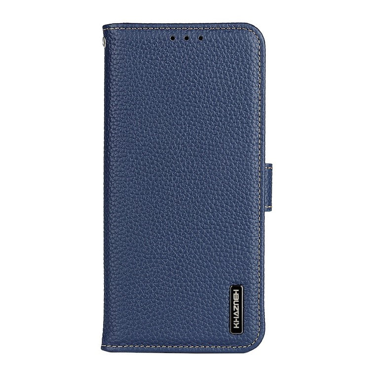 KHAZNEH For iPhone 17 Case Litchi Texture Genuine Cow Leather Flip Phone Cover - Blue