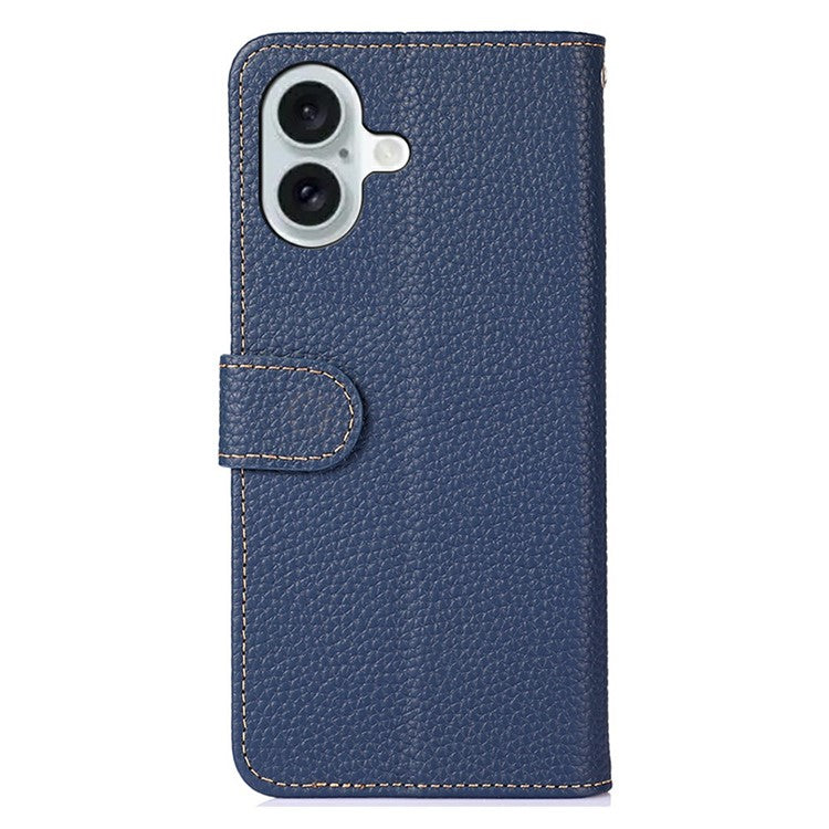 KHAZNEH For iPhone 17 Case Litchi Texture Genuine Cow Leather Flip Phone Cover - Blue