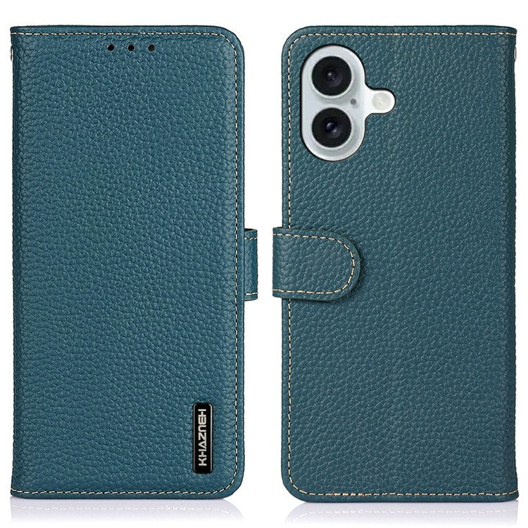 KHAZNEH For iPhone 17 Case Litchi Texture Genuine Cow Leather Flip Phone Cover - Green